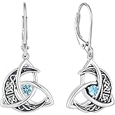 Raymard Trinity Celtic Knot Moon Leverback Earrings for Womens, 925 Sterling Silver Dangle Drop Round Gemstone Earrings, Irish Celtic Jewelry for Women