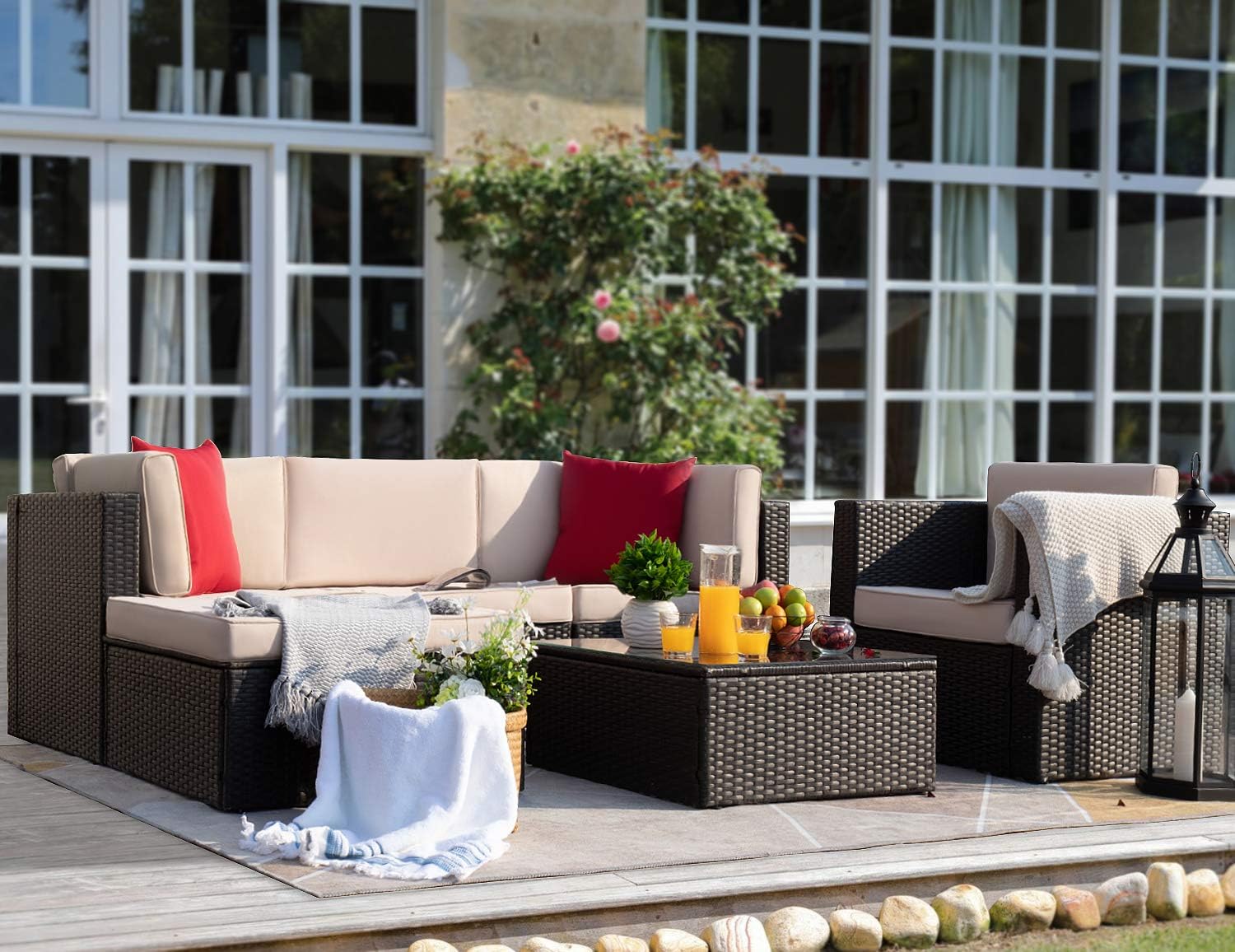 Flamaker 6 Pieces Patio Furniture Set Outdoor Sectional Sofa Outdoor Furniture Set Patio Sofa Set Conversation Set with Cushion and Table (Beige): Garden & Outdoor