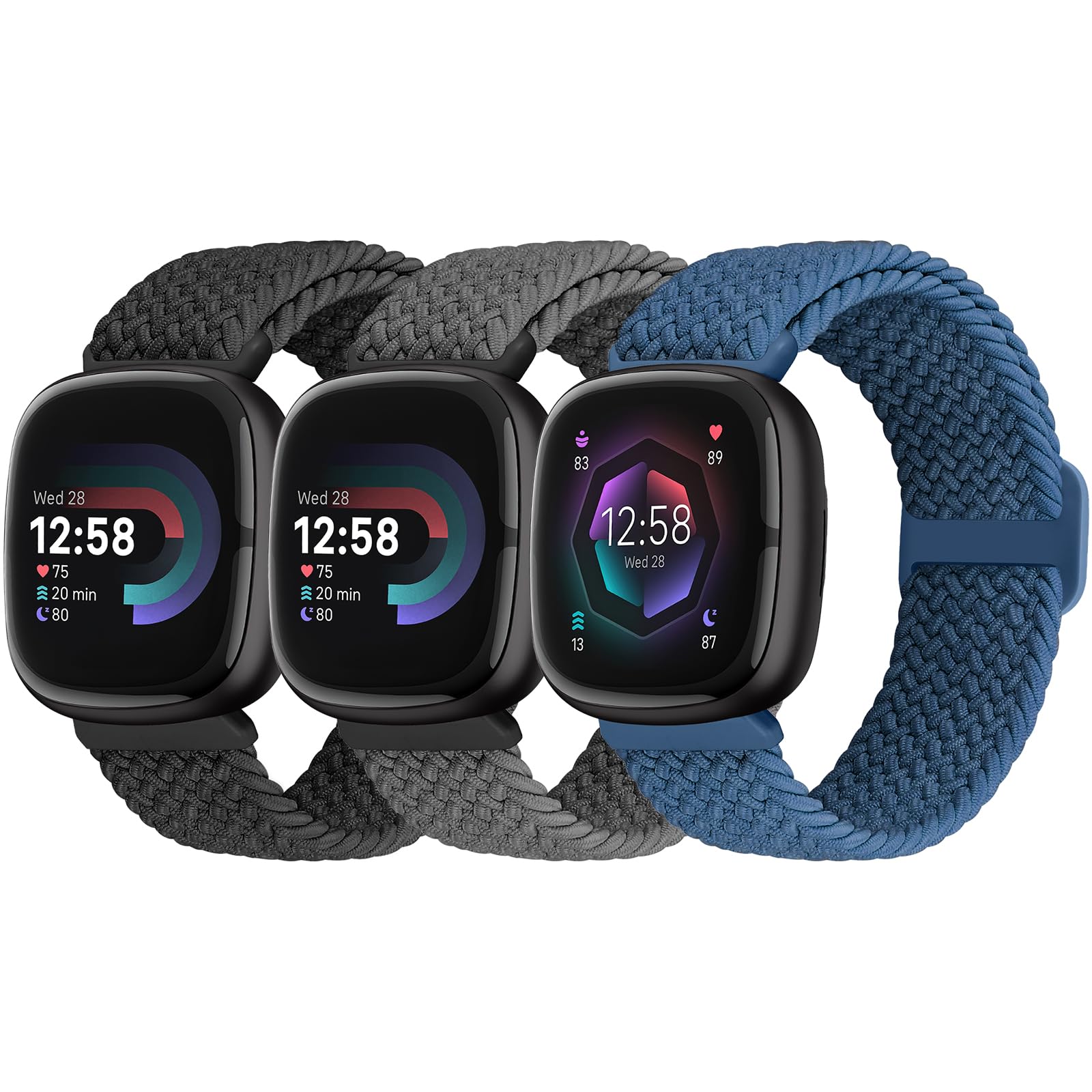 Yunshare Elastic Braided Solo Loop Band Compatible with Fitbit Versa 4/Fitbit Sense 2/Fitbit Versa 3/Fitbit Sense, Stretchy Straps Nylon Sport Wristband for Women Men, 3 Packs — image 1