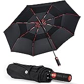 Lejorain Collapsible Umbrella Compact Travel - Portable Black Double Canopy Automatic Windproof Umbrella Folding Striking Red Reinforced Fiberglass Frame