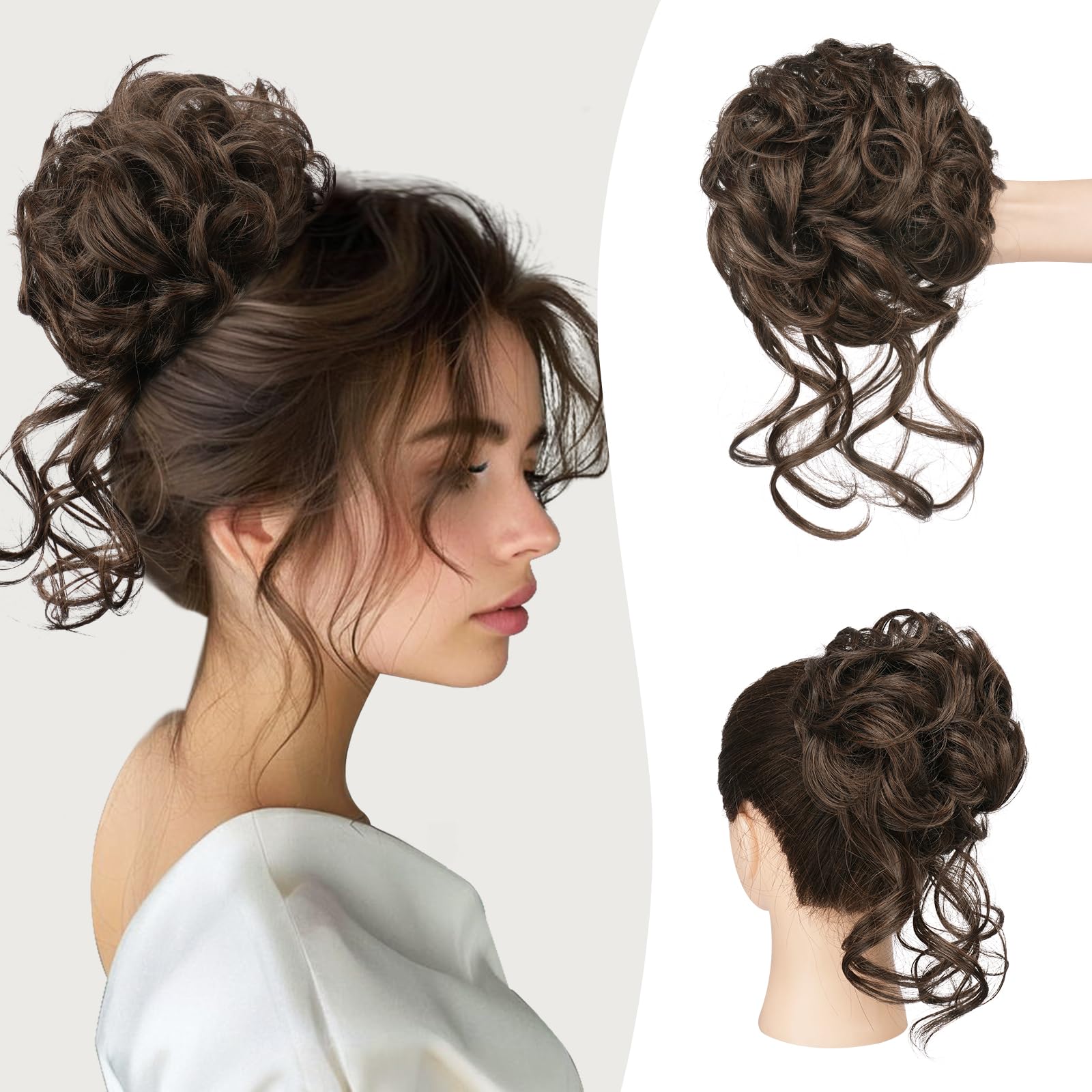 Sofeiyan Messy Bun Hair Piece Curly Wavy Hair Bun Extensions Synthetic Tousled Updo with Tendrils Hairpieces Bun Donut Accessories Scrunchies for Women, Brown Mix Light Auburn