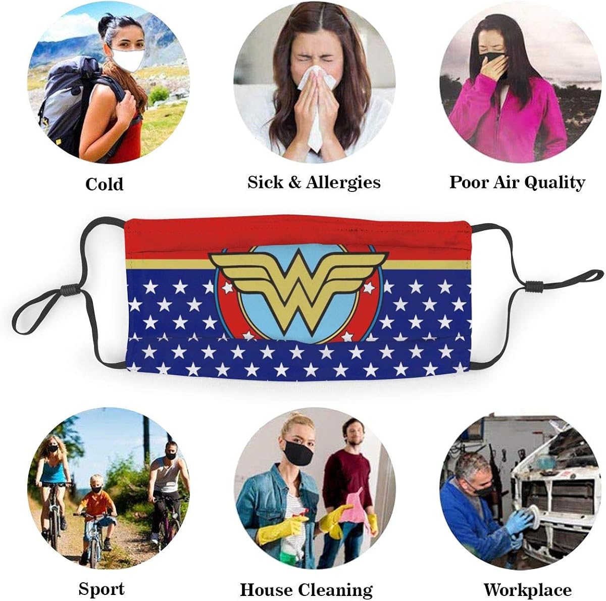 W-onder Woman Mask Boys Girls Protective 5-Layer Activated Carbon Filters M-Shaped Nose Clip: Clothing