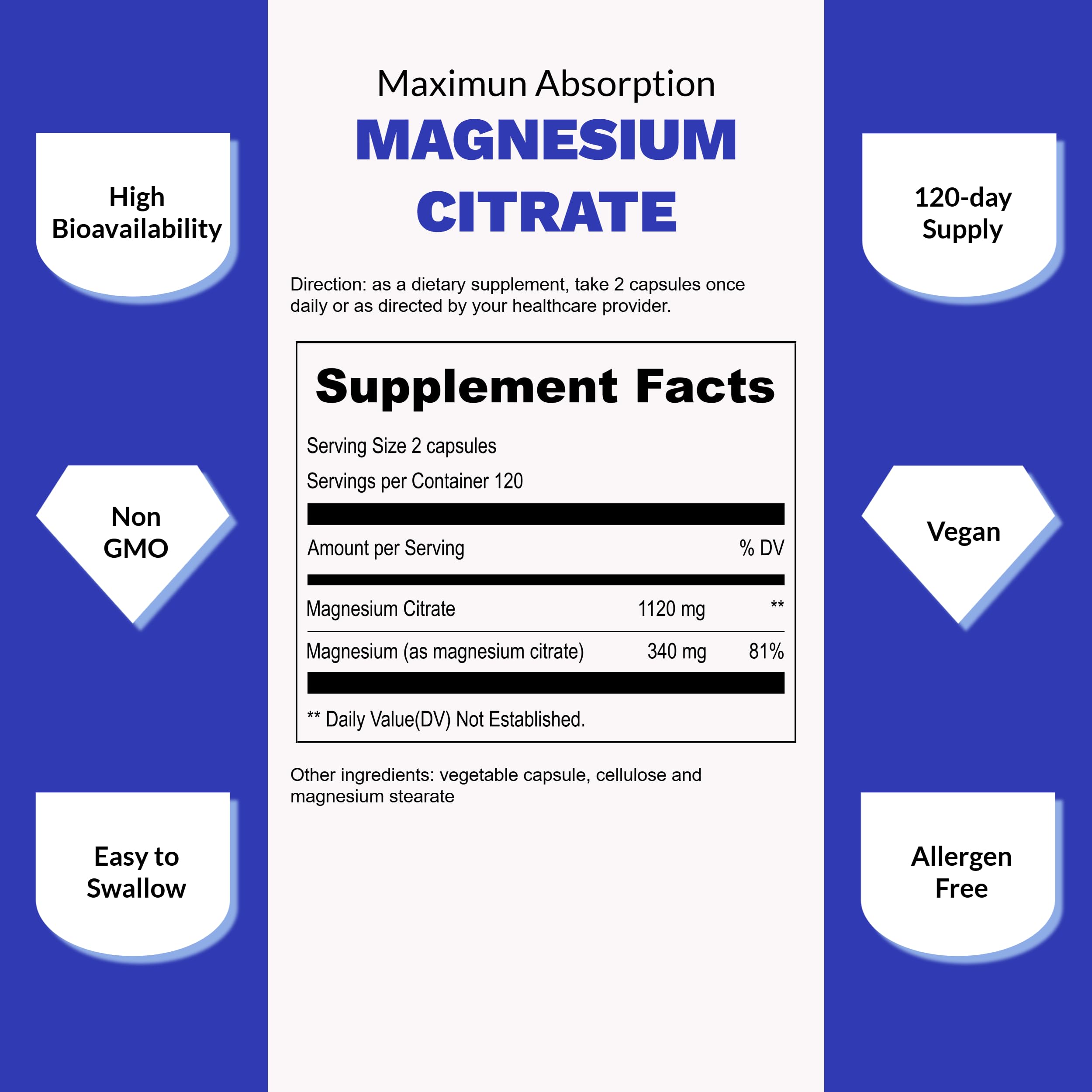 UpNourish Pure Magnesium Citrate (Citrato de Magnesio) 1120mg, 240 Capsules - High Absorption Magnesium Supplement for Women & Men - Natural Calm Magnesium for Constipation, Relax, Cramp Defense