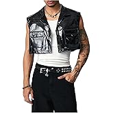 BEAUDRM Men's PU Leather Crop Jacket Vest Flap Pocket Cargo Vest Button Down Waistcoat Jacket Rave Clubwear