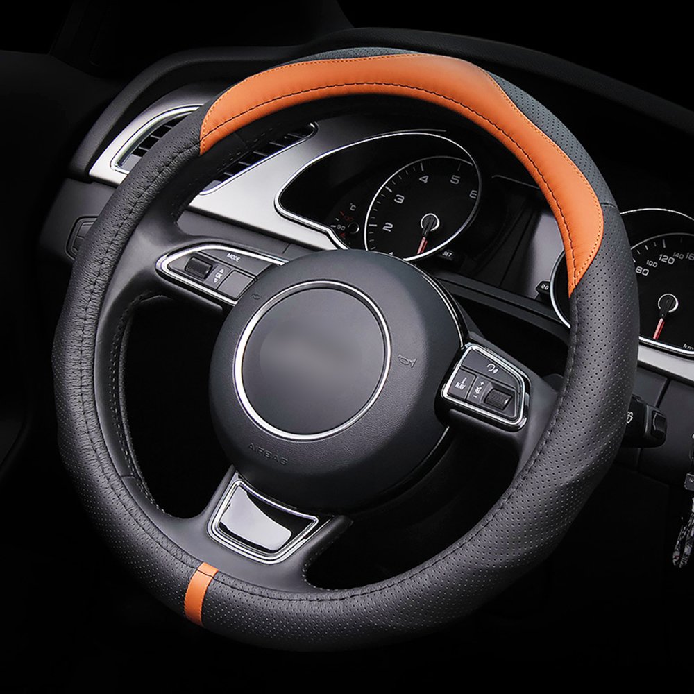 LOCEN Genuine Leather Steering Wheel Cover Universal Car Outer Diameter 38cm/15\