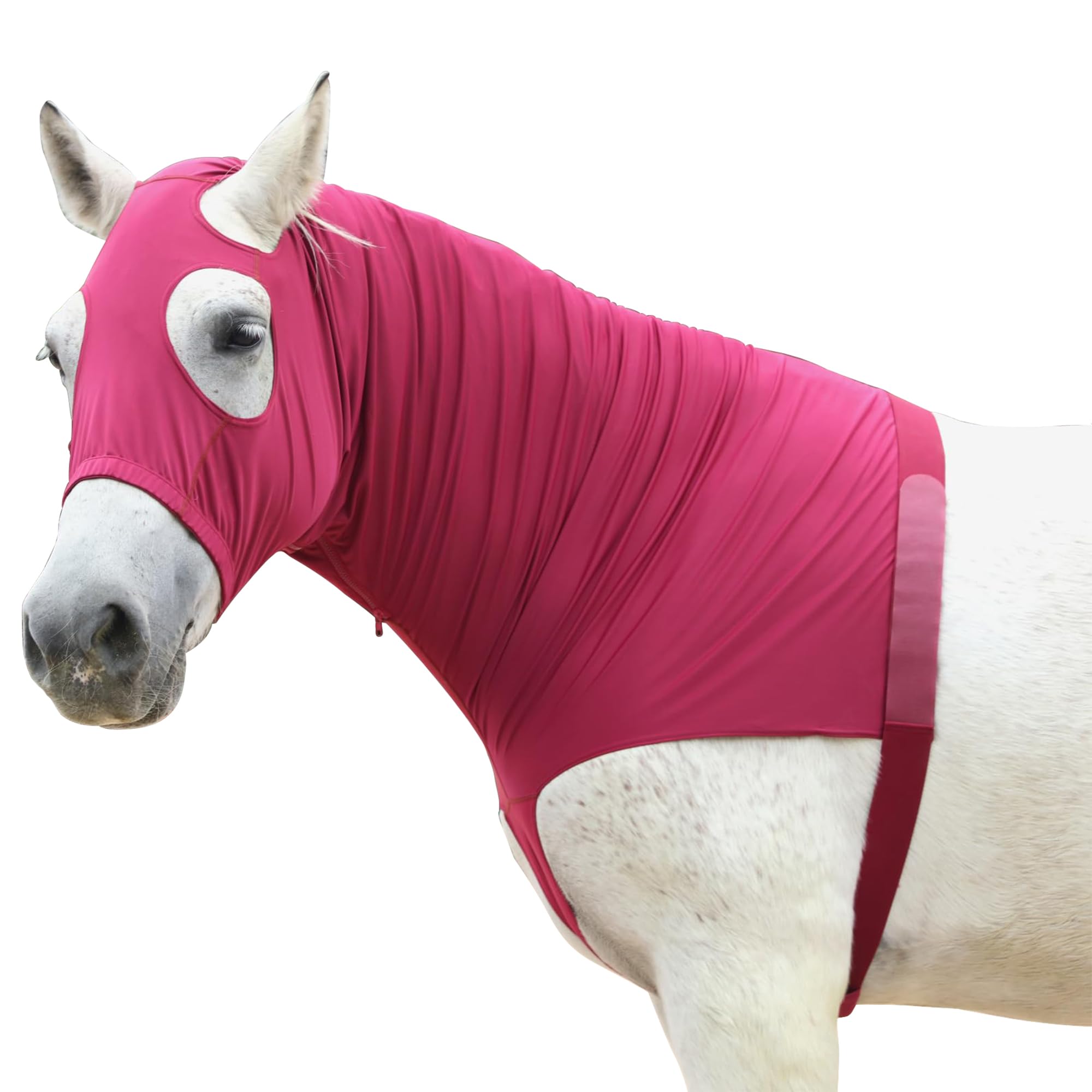 Horse Stretch Hood with Zipper, Full Face & Neck Cover for Sweet Itch Protection – Mane Braid Shoulder Guard & Fly Shield WineRed Medium
