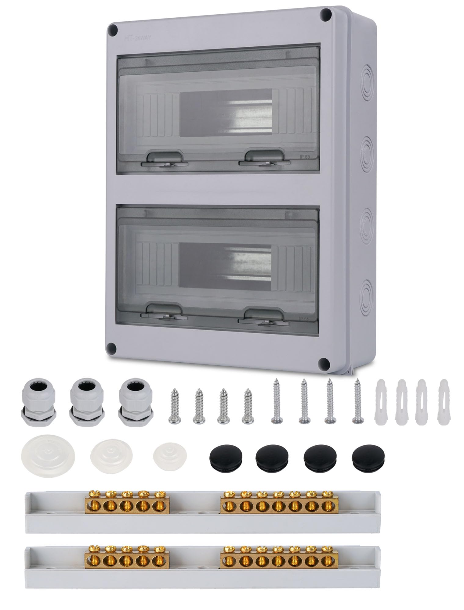 Fuse Box Surface-Mounted Distributor, Distribution Box Surface-Mounted IP65 2 Rows for 24 Modules, with Accessories, Small Distributor for Gardens, Famiglia, Wet Rooms