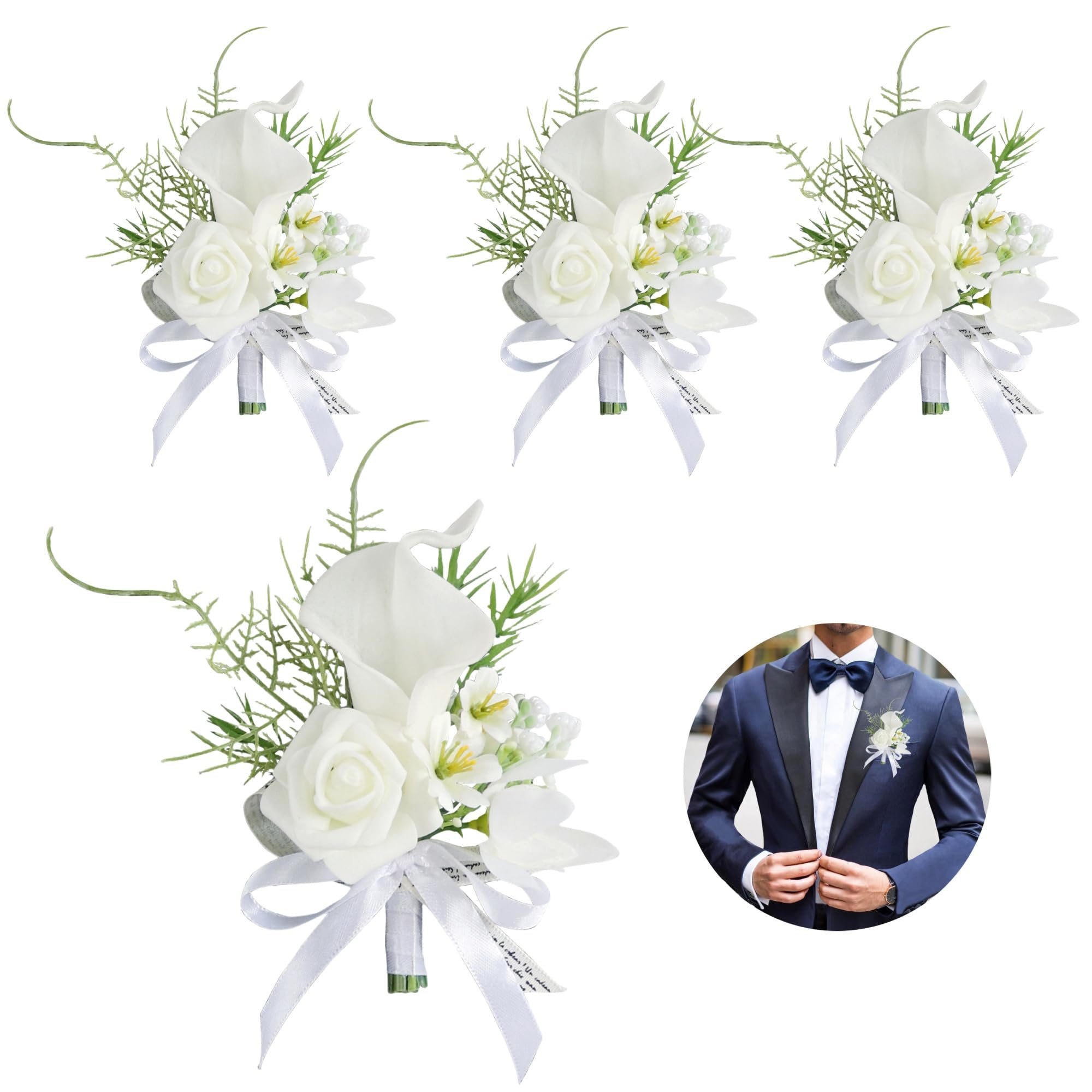 Huilimei 4PCS Calla Lily Boutonniere Handmade Romantic White Corsage Suitable for Wedding Ceremony, Anniversary, Dinner Dance (4)