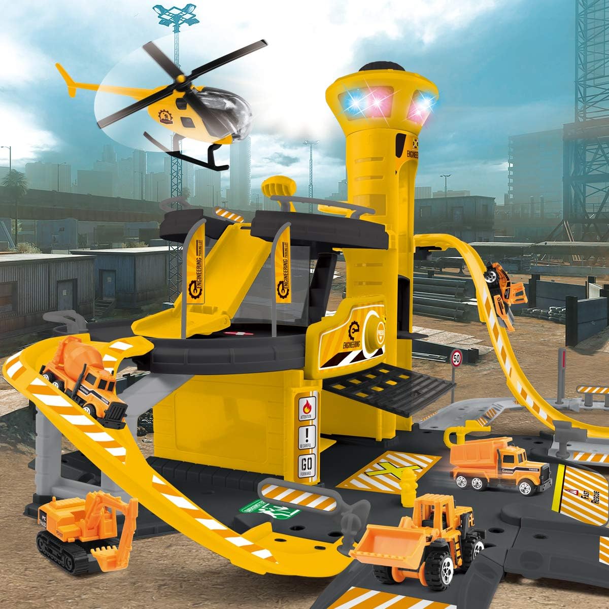 NEWRICE 3-Floors City Engineering Station Parking Lot Toy Set, with Lights & Sounds,1Helicopter+6pcs Metal Die-Toy cast Cars,Track,Garage,Electric Lift.for 3-6 Year Boys & Girls/Kids: Toys & Games