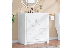 ONBRILL Farmhouse Bathroom Vanity with Sink, Freestanding Bathroom Vanities with Ceramic Basin & Soft-Close Door, Wood Storage Cabinet with Adjustable Shelf for Apartment & Small Space (White, 30")