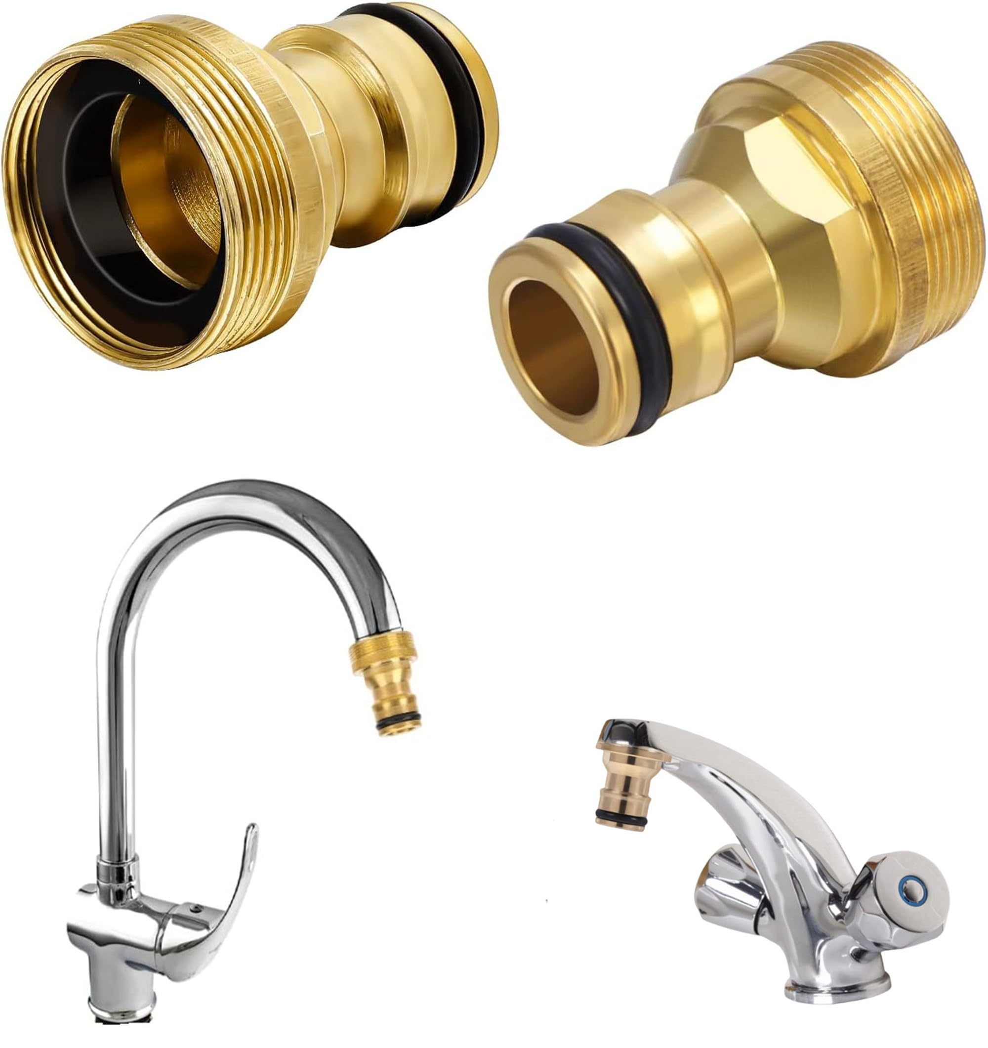2 Pack Brass Sink Mixer Connector Fitting - Universal Kitchen Tap Adapter for Kitchen, Bathroom, Garden Hose Pipe - 22 & 24mm Threaded