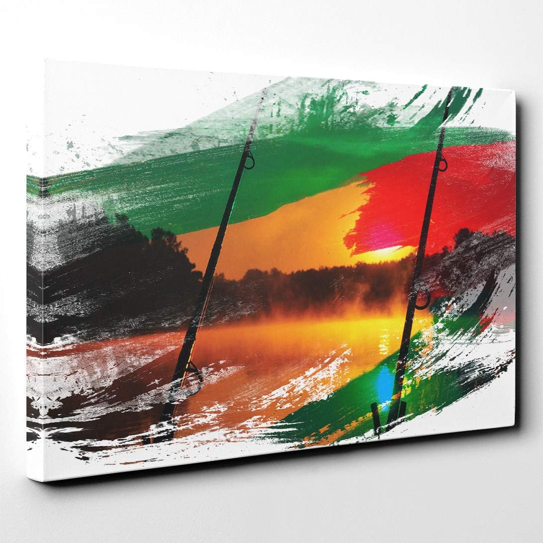 Big Box Art Canvas Print 30 x 20 Inch (76 x 50 cm) Dawn Fishing Rods Sunset and Lake (1) V2, Wood Multi-Colour, 76 x 50 x 3 cm