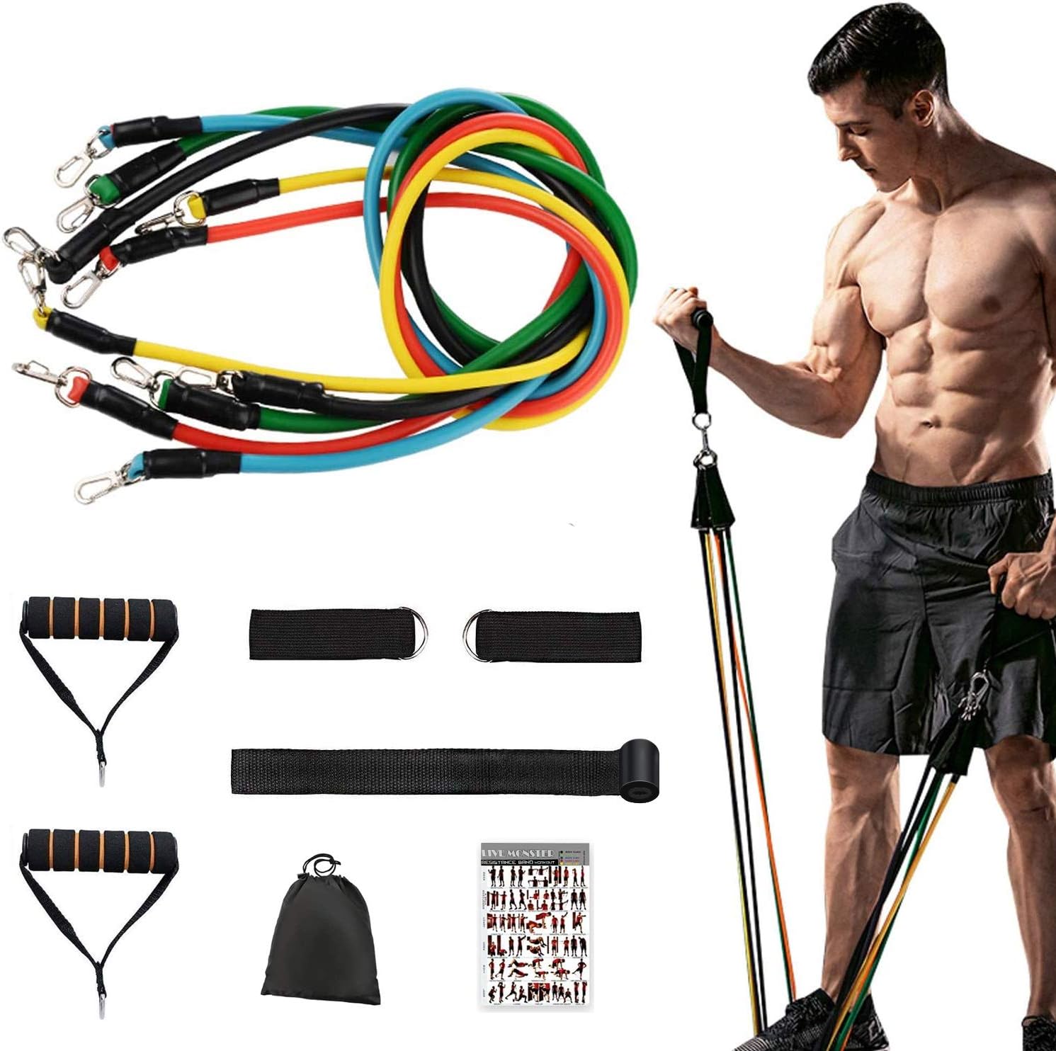 Aokeou 11 Pack Resistance Bands Set,Including 5 Stackable Exercise Bands with Door Anchor,2 Foam Handle,2 Metal Foot Ring & Carrying Case - Home Workouts,Physical Therapy,Gym Training,Yoga