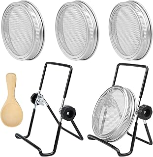 Homgaty 7 Teiliges Sprossen Deckel Set,4 Stück 85 mm Edelstahl Sprossengläser Deckel Sprießen Deckel Einmachgläser mit Aufsteller und Kleinen Löffel,für die Herstellung von Organischen Sprossensamen