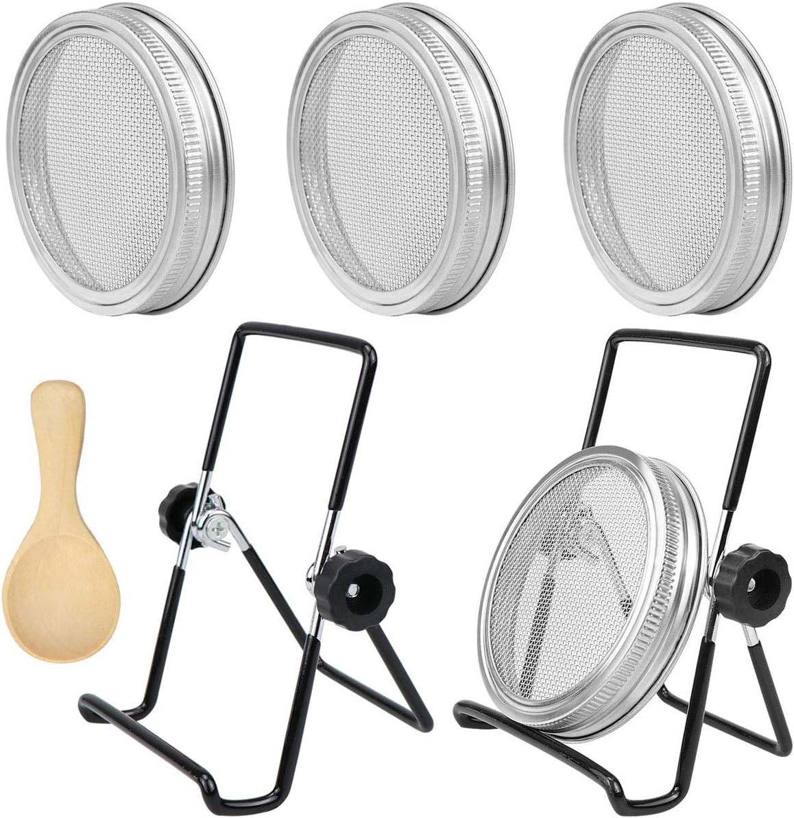 Homgaty 7 Teiliges Sprossen Deckel Set,4 Stück 85 mm Edelstahl Sprossengläser Deckel Sprießen Deckel Einmachgläser mit Aufsteller und Kleinen Löffel,für die Herstellung von Organischen Sprossensamen