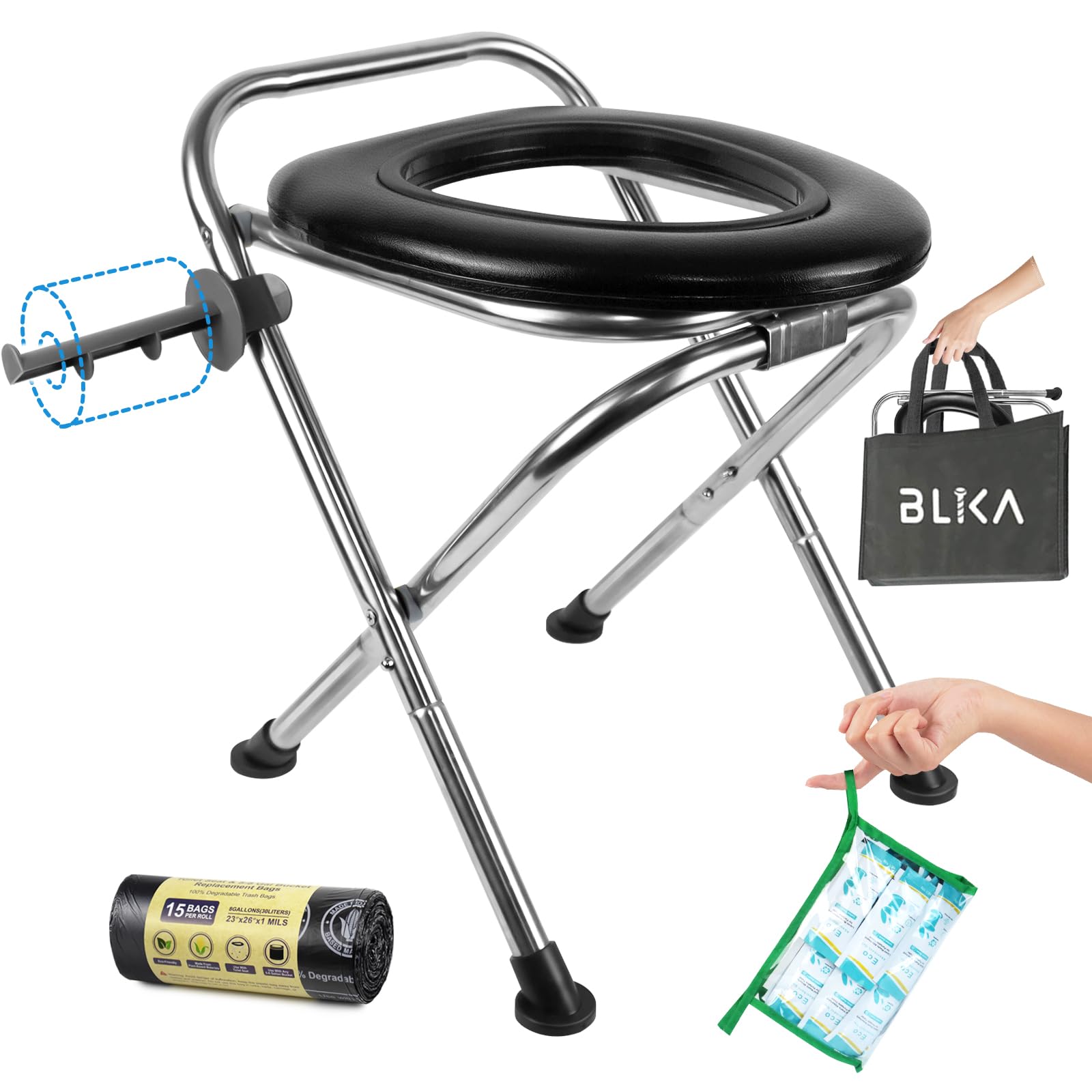 Photo 1 of BLIKA Portable Toilet for Camping, 350LBS Stainless Steel Foldable Camp Travel Toilet with Soft Seat for Adults, Portable Potty for Camping, RV Travel, Road Trips, Includes Waste Bags with Gel