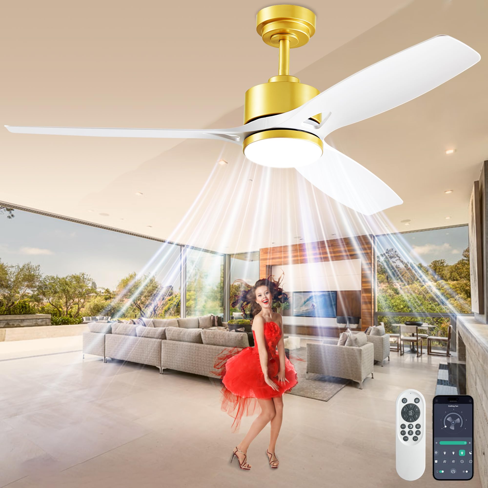 DIAMONDFORGE 52 Inch Ceiling Fans with Lights and Remote Control – Outdoor Indoor Flush Mount Low Profile White Gold Ceiling Fans for Living Room,Bedroom,Patio