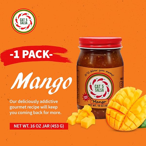 CAT 5 SALSA – MANGO CHILI SAUCE – GOURMET RECIPE WITH FRESH INGREDIENTS, ADDICTIVELY DELICIOUS SALSA FOR PARTIES, DIPS & SNACKS – 16 OZ, 1 JAR
