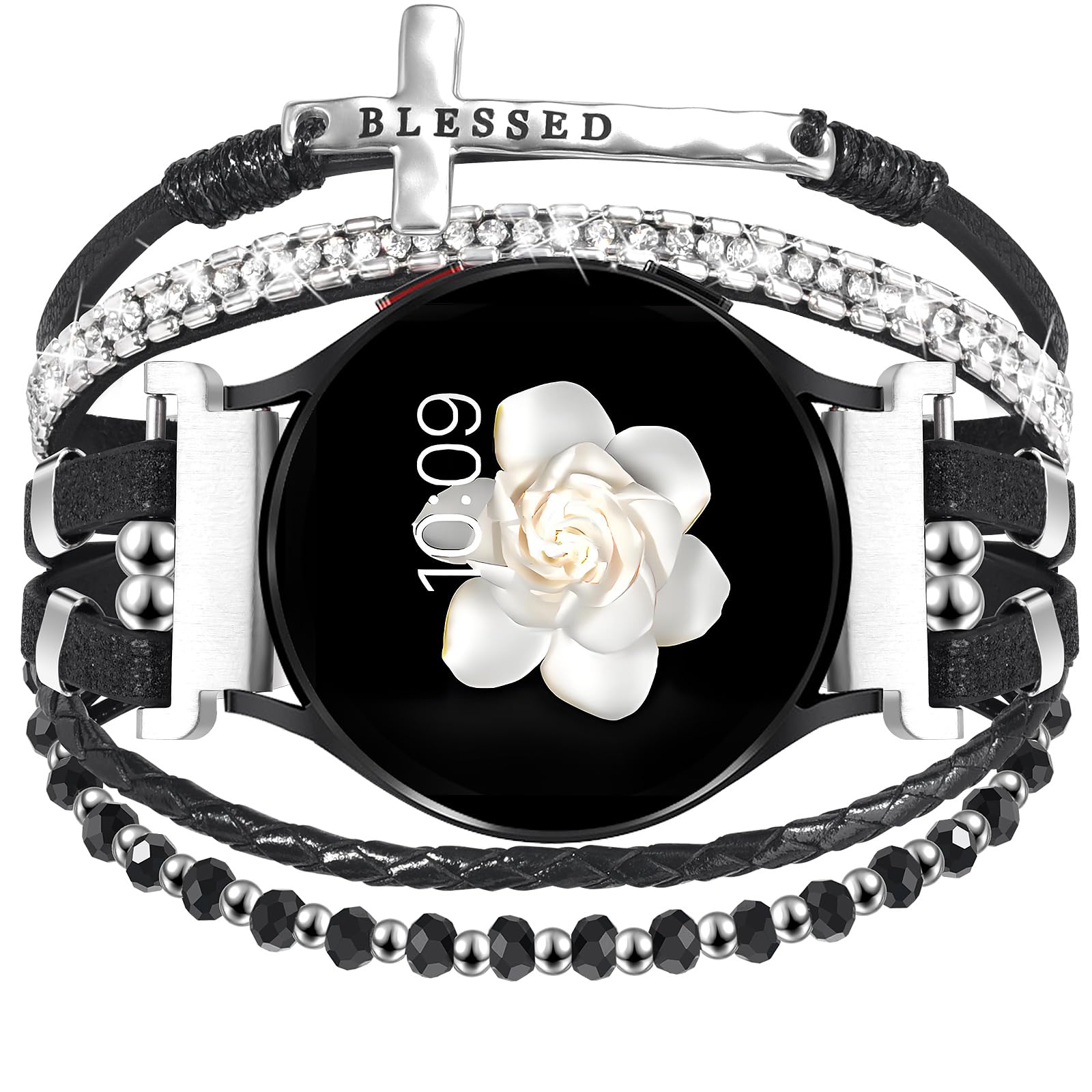 Boho Leather Bracelet for Samsung Galaxy Watch 8/7/6/5/4 Band 40 44mm Women, 20mm Cute Beaded Multilayer Strap for Galaxy Watch 8 Classic 6 4 Classic 43mm 47mm 42mm 46mm/Watch 5 Pro 45mm /Active2