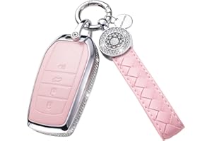 RUABIBAN Compatible with Toyota Key Fob Cover with Keychain, Pink Genuine Leather Crystal Key Case Protection Shell for Avalon Camry Corolla RAV4 Sequoia Highlander Smart Key