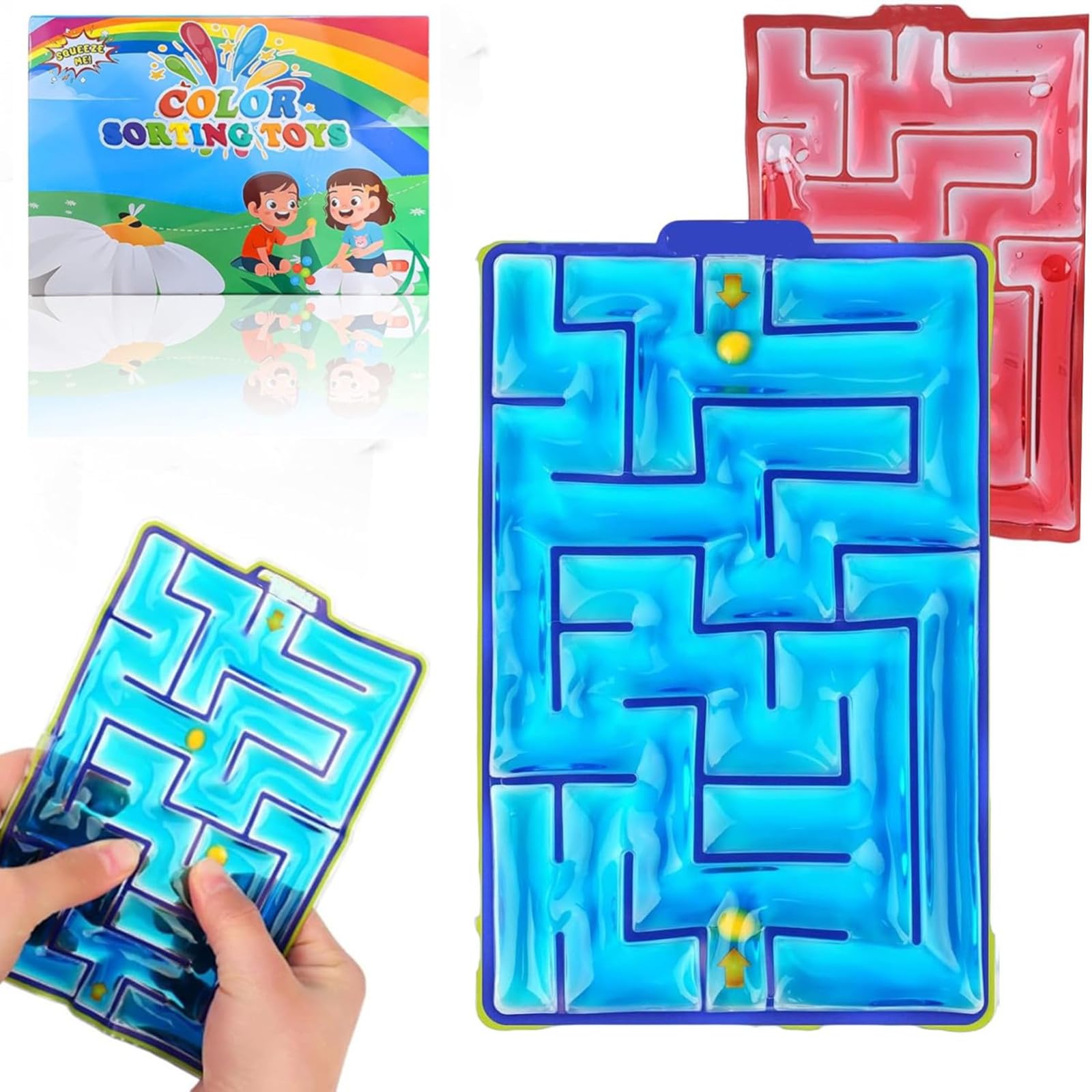 JoyJoyful 2 Pack Maze Sensory Squishy Fidget Toys for Kids, Adults with Autism, ADHD - Gel Filled Relief Special Needs Developmental Toys (Blue & Red)
