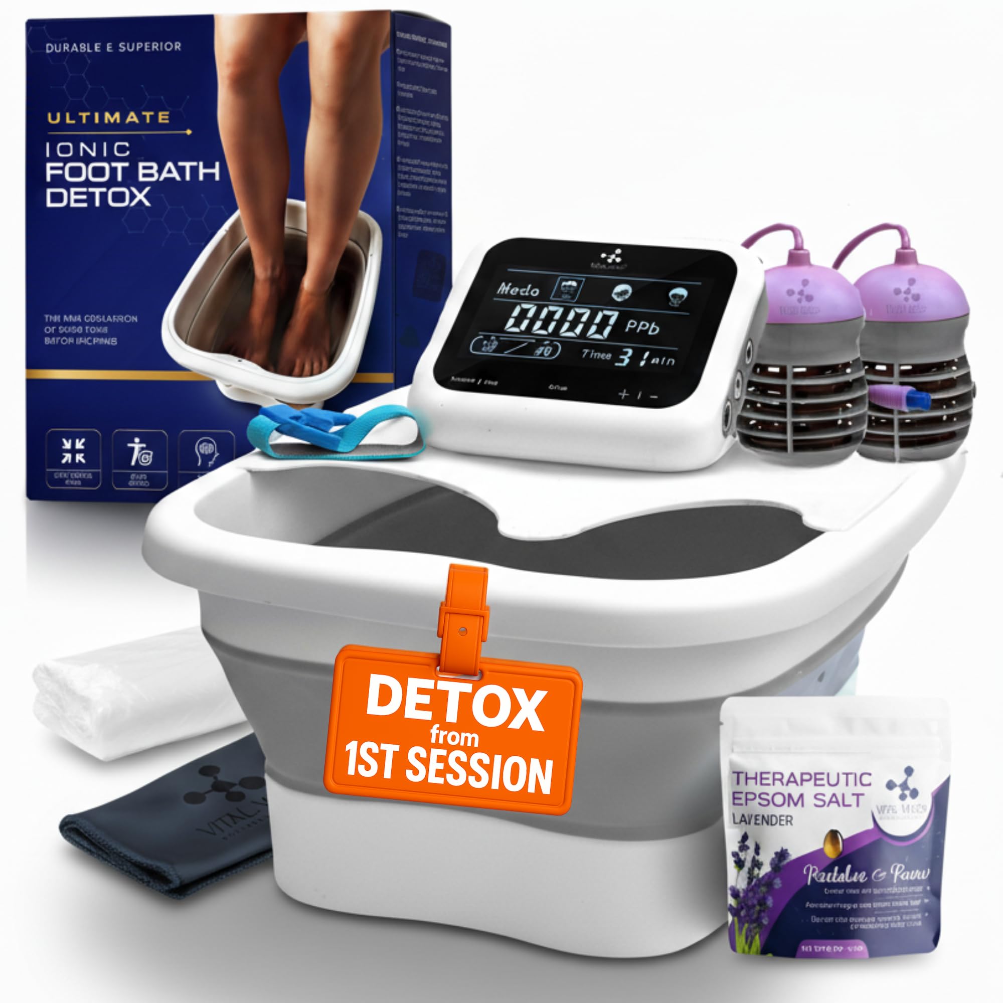 Photo 1 of Vital Vibes Ultimate Ionic Foot Bath Detox Machine - Foot Detox Machine for Spa Bath with Touch Display - Epsom Salt & Towel - Collapsible Soaking tub -2 Powerful Array- Ion Wristband-Tub Liners