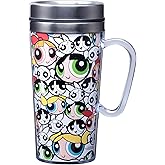 Spoontiques Powerpuff Girls Insulated Travel Mug, 14oz - Double Wall Stainless & Acrylic Drink Cup with Twist Top Lid & Handle