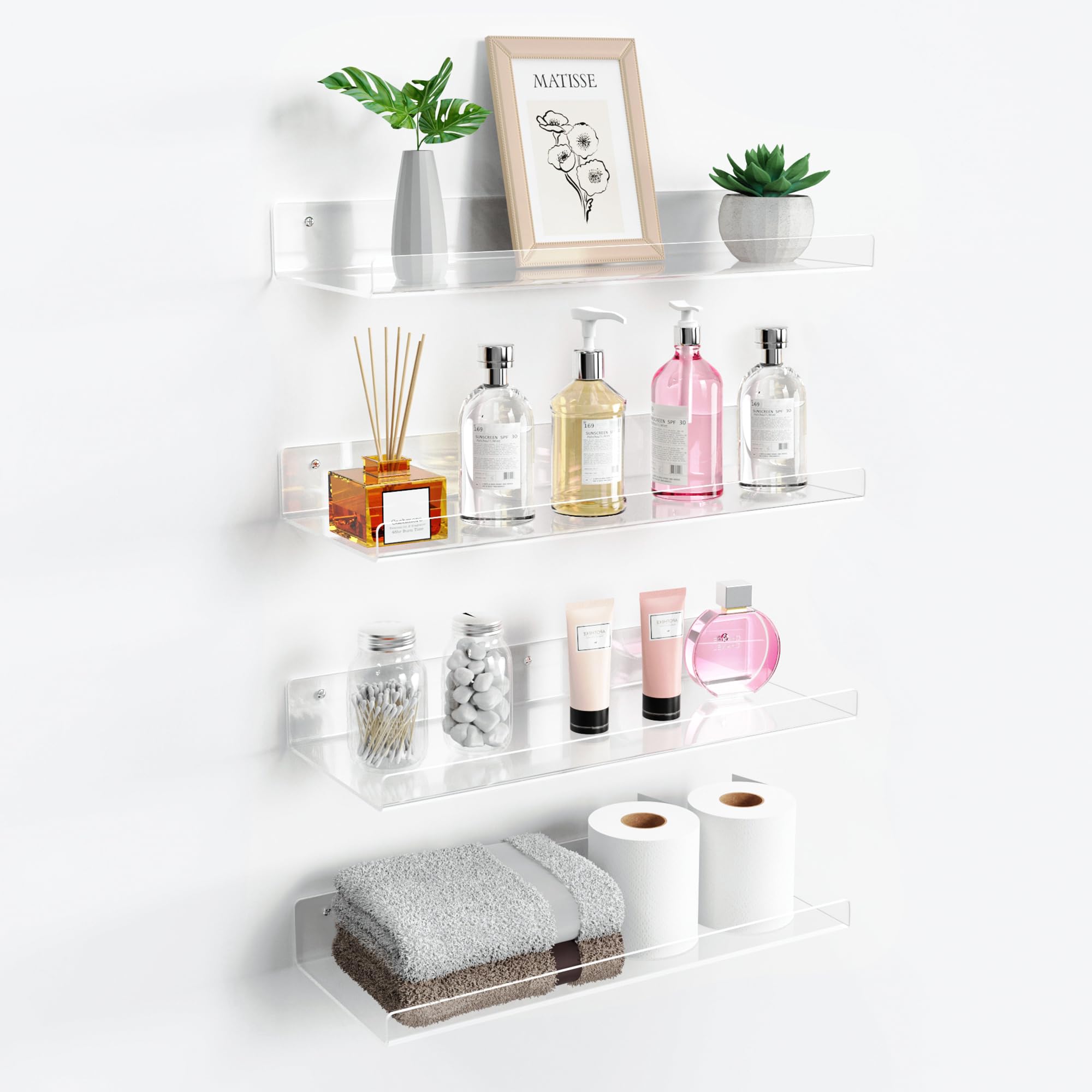 Photo 1 of upsimples 4 Pack 15x6 Inches Acrylic Bathroom Shelves for Wall, Floating Bathroom Shelves Over Toilet, Storage Shelf for Toilet Paper, Towels and Toiletries, Clear