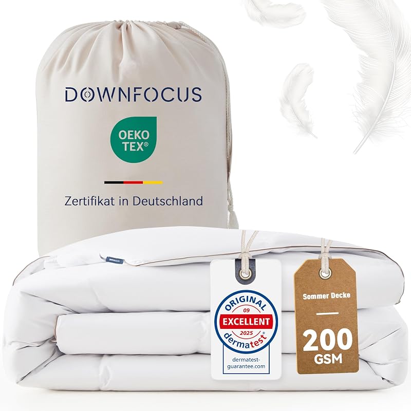 - Daunen Bettdecke I Daunendecke 155x220 I 100% extra weiche Federn & Daunen | Oeko-Tex, RDS Zertifiziert für Tierwohl (155 x 220 cm, Leichte Sommerdecke) — Foto 1 von 4