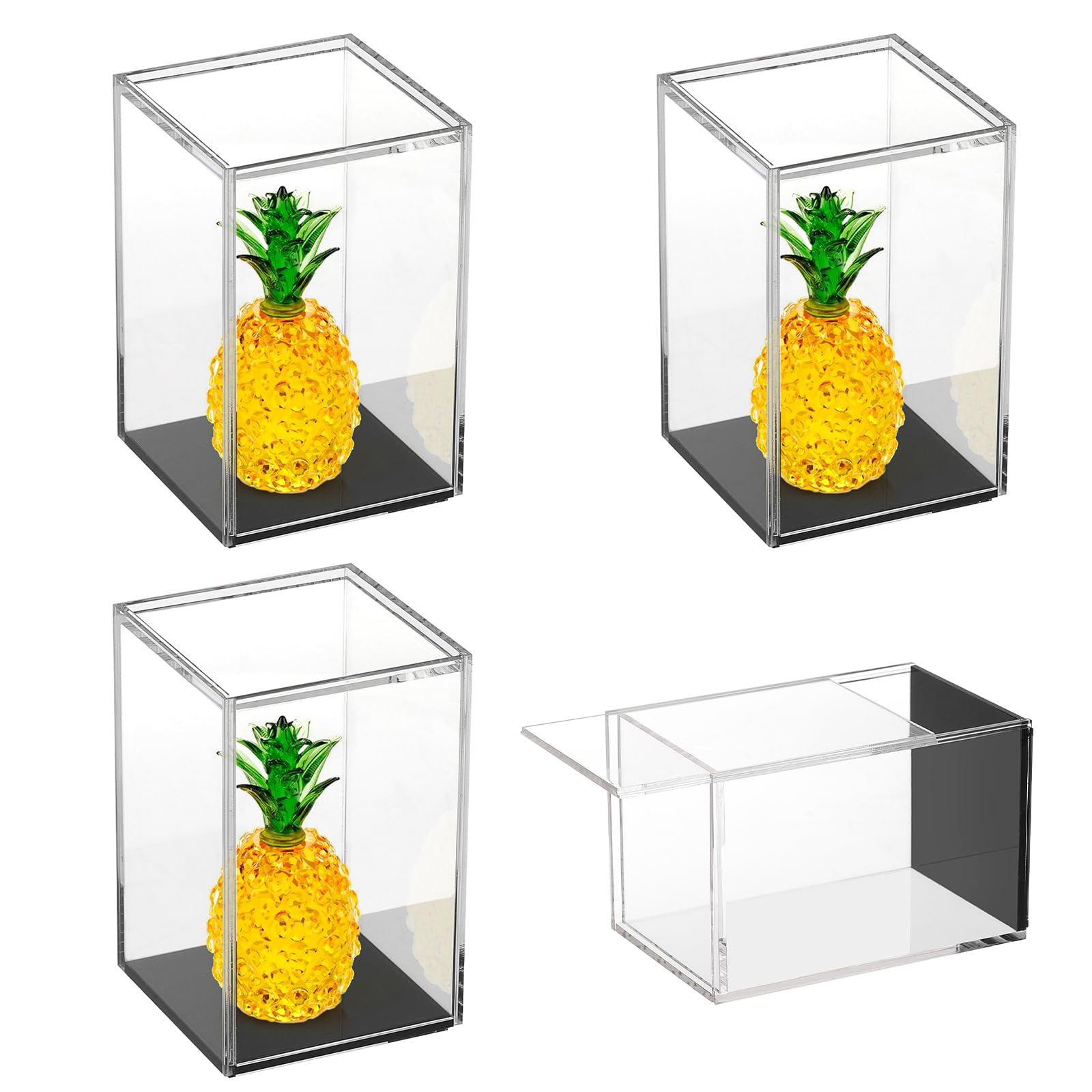 Photo 1 of JUXYES Pack of 4 Clear Acrylic Display Case with Sliding Door for Mini Action Figures, Stackable Display Case Cube Small Showcase Free Standing Collectibles Protection Box, Black Bottom
