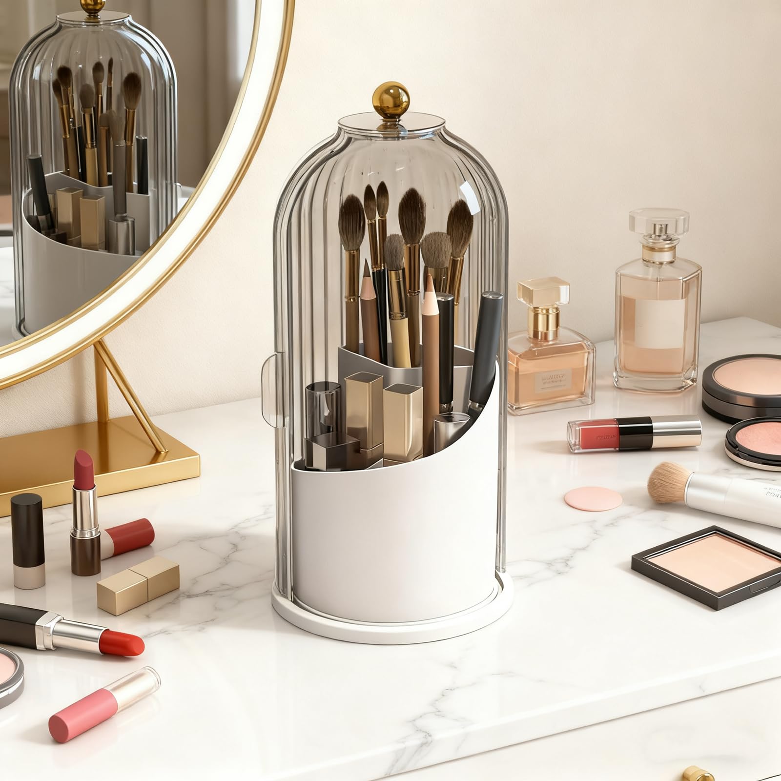 Primst Makeup Brush Organizer, Rotating Makeup Brushes Storage with Lid, Cosmetic Tools Organizer for Vanity Desktop Bathroom Countertop (Black)