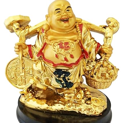 MTV Happy Man Laughing Buddha Holding Wealth Coin and Ingots Statue for Attracting Money Prosperity Financial Luck Home Decor Gift