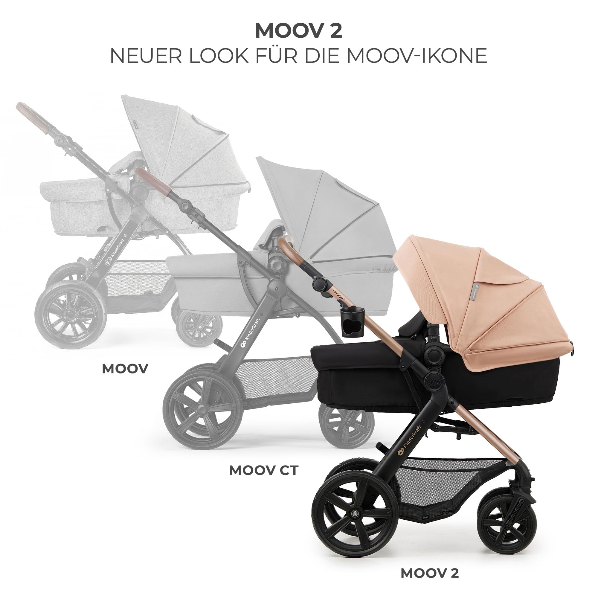Kinderkraft MOOV 2 Kinderwagen 3 in 1 Kinderwagenset bis 22 kg mit Kindersitz I-SIZE 40-75 cm, Buggy Funktion, Liegeposition verstellbar, Große ausziehbare Verdeck, Eva-Schaum-Räder, Beige 9