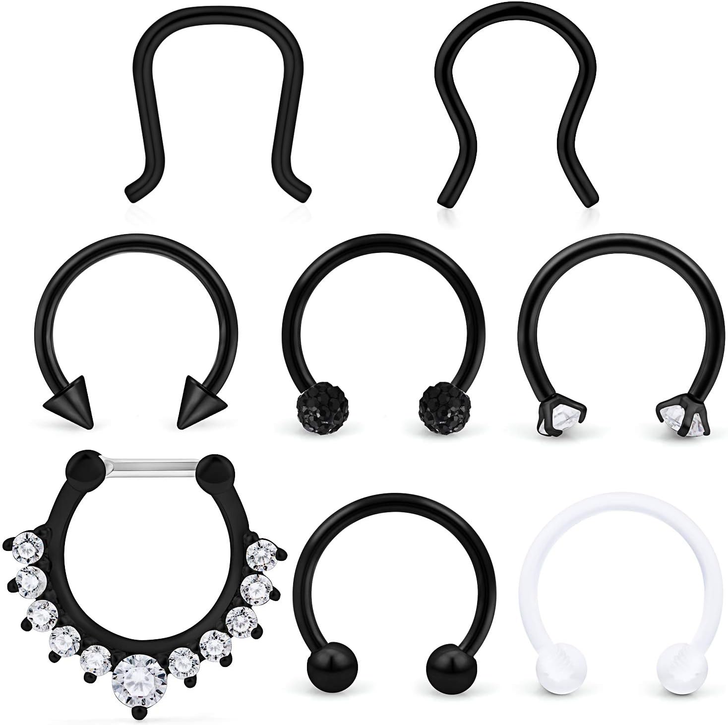 Septum Clicker Rings 16G Surgical Steel Nose Hoop Rings Retainer Body Piercing Jewelry with Clear CZ Women Men U & D Shaped Daith Helix Tragus Lip Cartilage Earrings 8 Pieces