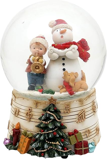 Amazon De Dekohelden24 Schneekugel Schneemann Mit Kind Und Trompete Auf Sockel Mit Musiknoten