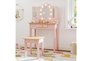 labebe Kids Vanity, Girls Vanity Desk with LED Changing Lights, Pretend Play Princess Vanity Set, Wooden Toddler Makeup Desk Dressing Table with Drawer and Chair (Pink)