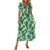 BTFBM Womens Square Neck Smocked Dress Summer Puff Short Sleeve Floral Casual Ruffle Tiered Maxi Wedding Guest Dresses