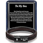 Alissl Leather Bracelet for Men Dad Husband Boyfriend Son Grandson Gift, Braided Leather Bracelet with Stainless Steel Engraved Joshua Scripture You are Never Alone Jewelry Birthday Valentine Gifts