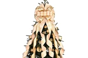 SAILUP Christmas Tree Topper Christmas Wreath Bow 45x12 Inches Large Christmas Toppers Bow with Snowflake Patterned Tree Décor Christmas Home Indoor Outdoor Decoration-Champagne Gold
