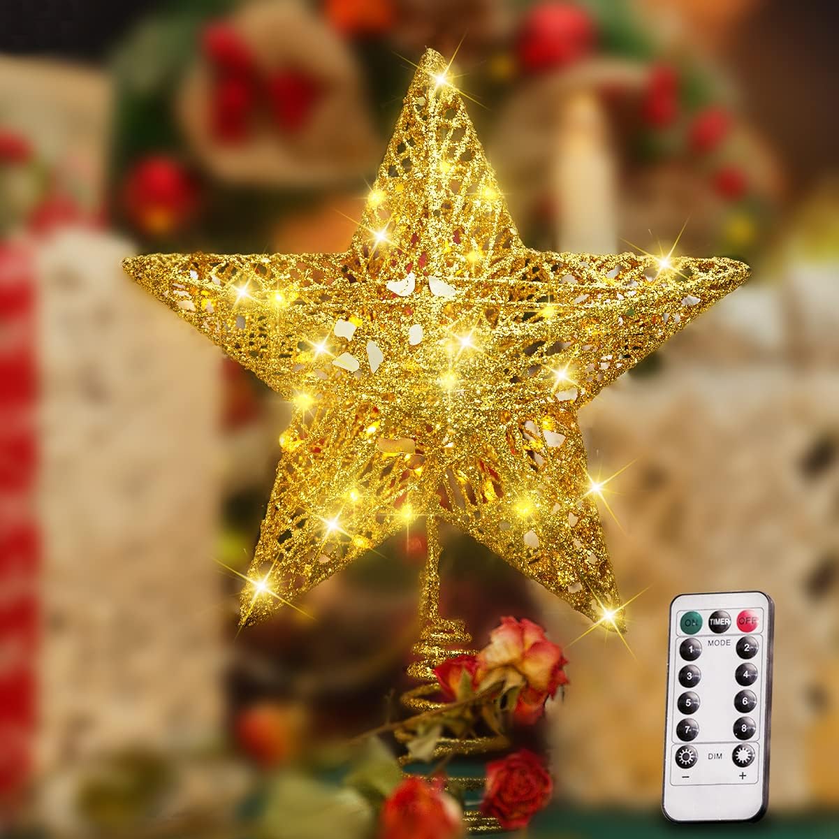 Tree Toppers - YAUNGEL Christmas Tree Topper, Star Tree Topper with 40 LED and Remote Control Battery Operated Warm Lights Treetop Christmas Decorations Holiday, Indoor Home Decor, 10 Inch Gold