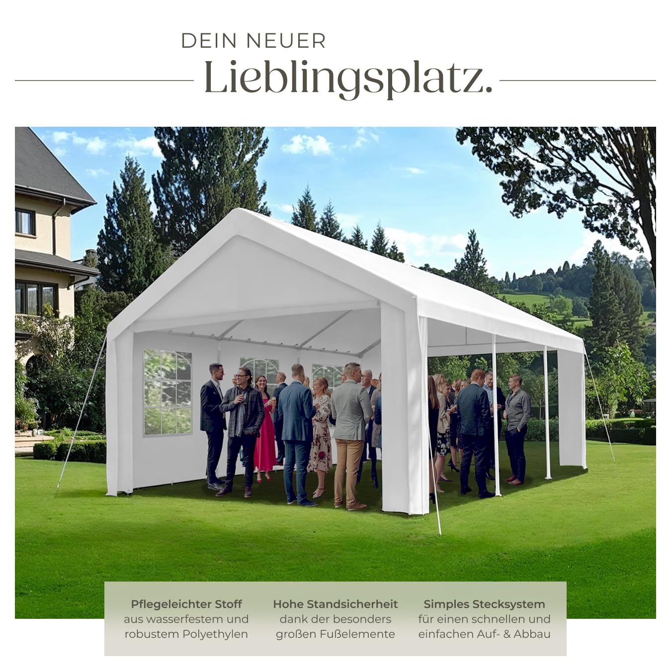 tectake® Pavillon, Partyzelt 4x6 m, 100% wasserdicht, Gartenpavillon mit 4 Seitenwänden, Festzelt mit UV-Schutz, Eventzelt, inkl. Erdnägel und Spannseile, für Festival, Hochzeit, Party - weiß 3