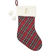 Just Jolly 20" Classic Plaid Christmas Stockings Initial Monogram Embroidered Stockings with Pom Pom Ball for Christmas Fireplace Decor and Xmas Gift (E)
