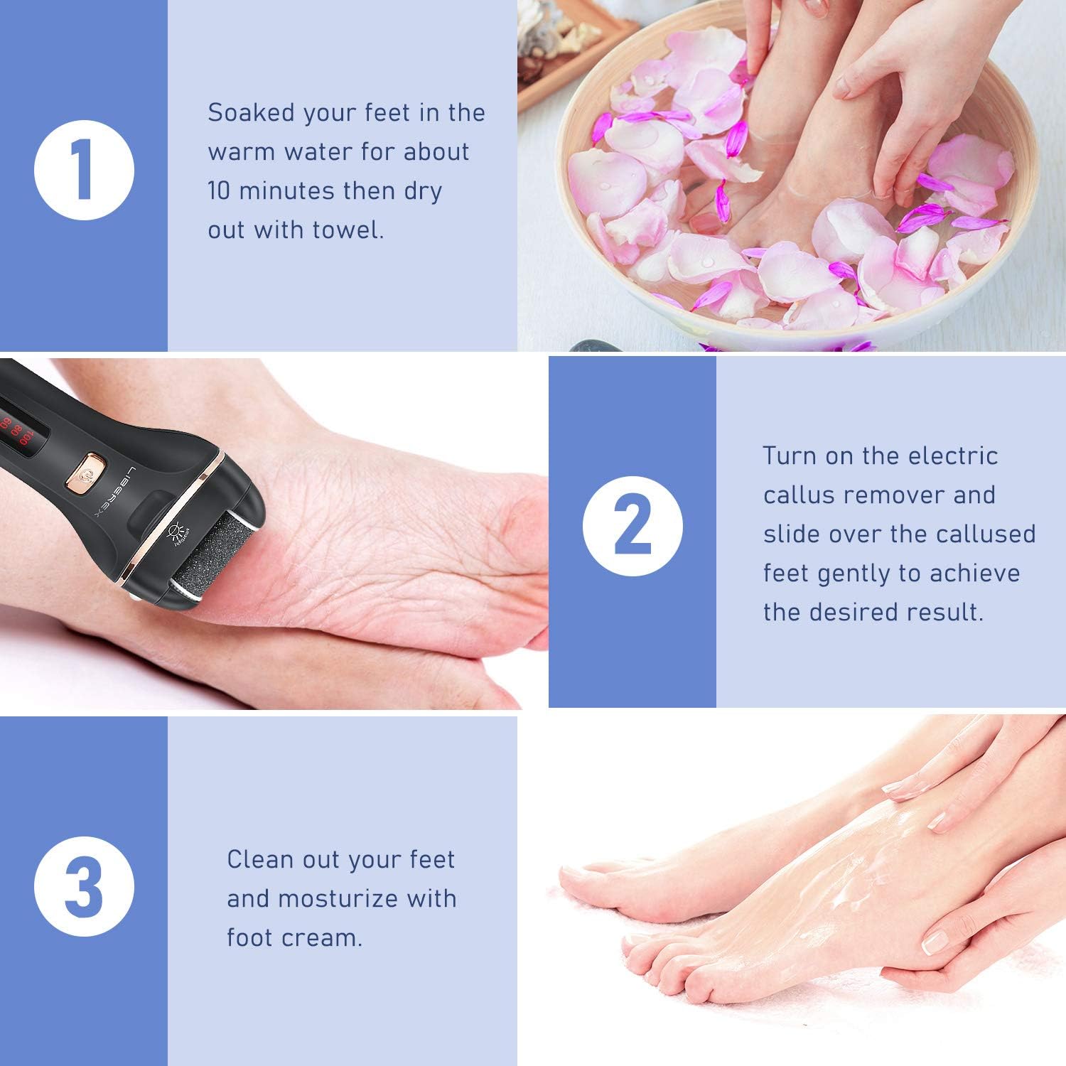 Liberex Electric Callus Remover - Rechargeable Foot File Callus Shaver Hard Skin Remover Pedicure Tools with 4 Roller Heads, for Cracked Heels Calluses and Dead Skin, 2 Speed, Battery Display: Health & Personal Care