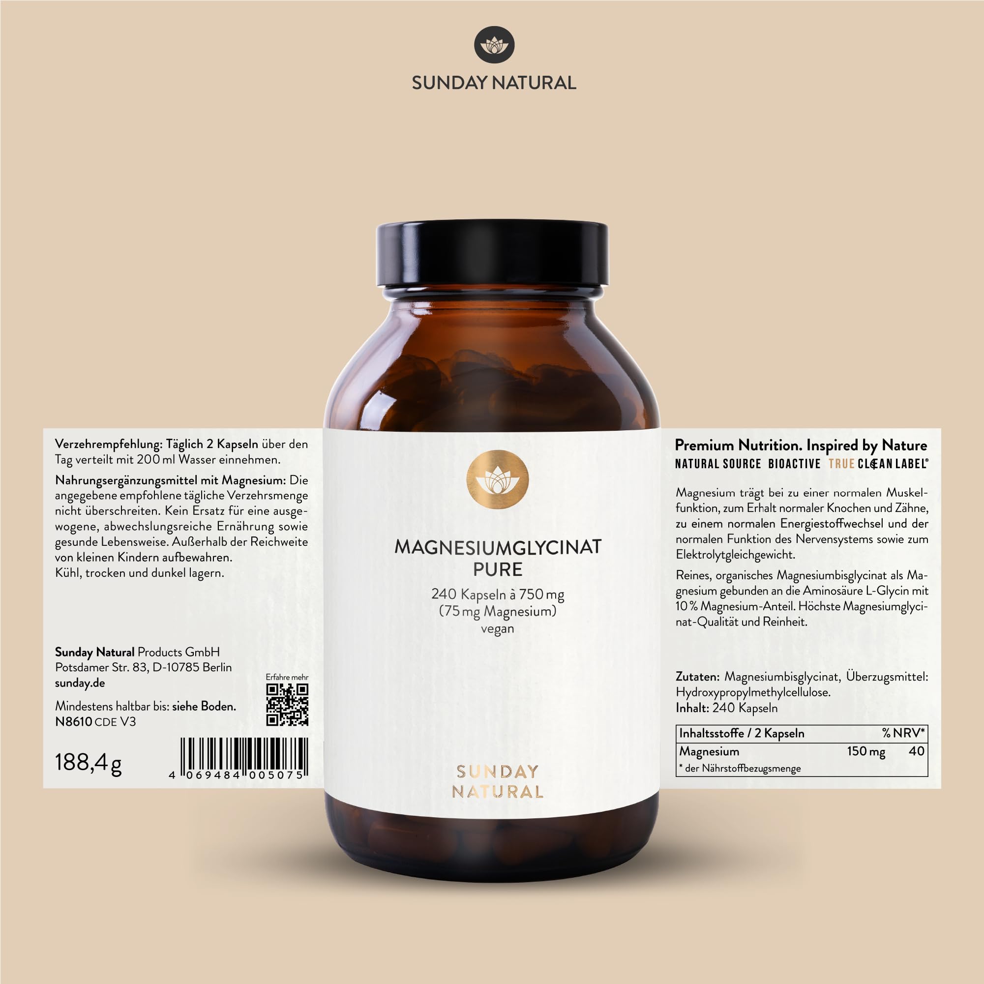 SUNDAY NATURAL® Magnesium Bisglycinat Premium - 240 Kapseln - 150mg reines Magnesium Glycinat Tagesdosis - Magnesiumglycinate als organisches Aminosäurechelat – Laborgeprüft, vegan 6