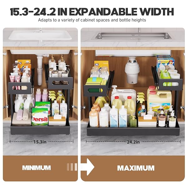 1 PACK EXPANDABLE UNDER SINK ORGANIZERS AND STORAGE WITH UPGRADE BALL-BEARING SLIDE TRACKS,2-TIER PULL OUT UNDER CABINET ORGANIZER HEIGHT ADJUSTABLE,SLIDE OUT UNDER SINK DRAWERS-BLACK(PATENT PENDING)