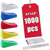 1000 PCS Plastic Shipping Tags with Wire, Waterproof Labeling Tags for Luggage, Inventory & Shelf, 5 Colors (Red, Yellow, Blue, Green, White), 4.72"x2.36", Includes 4 Markers and 1000 Iron Wires