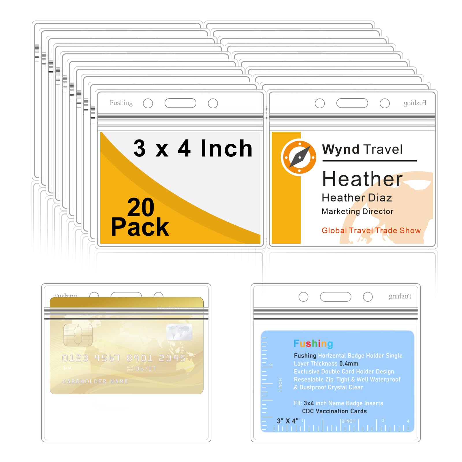 Fushing 20pcs Heavy Duty Double ID Card Badge Holder, Clear 8.5x11cm Horizontal PVC with Waterproof Resealable Zip, Plastic Name Tag Holder, Single Layer Thickness 0.4mm