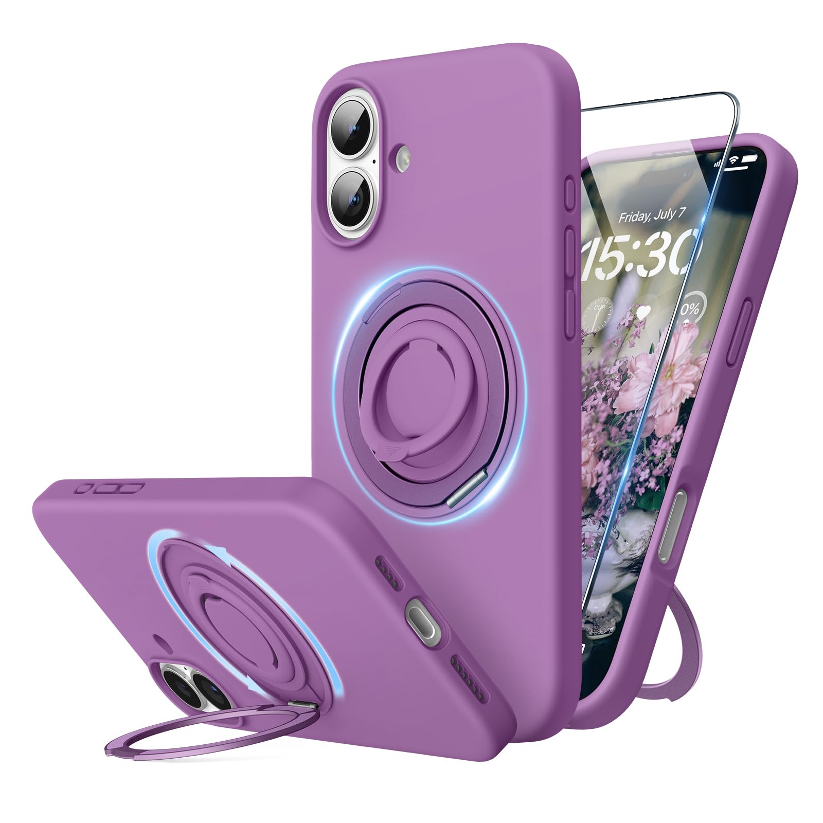SURPHY Design for iPhone 16 Plus Case, with 360° Rotatable Magnetic Stand & Finger Ring, Liquid Silicone Phone Case for iPhone 16 Plus 6.7 inch 2024, Orchid Purple