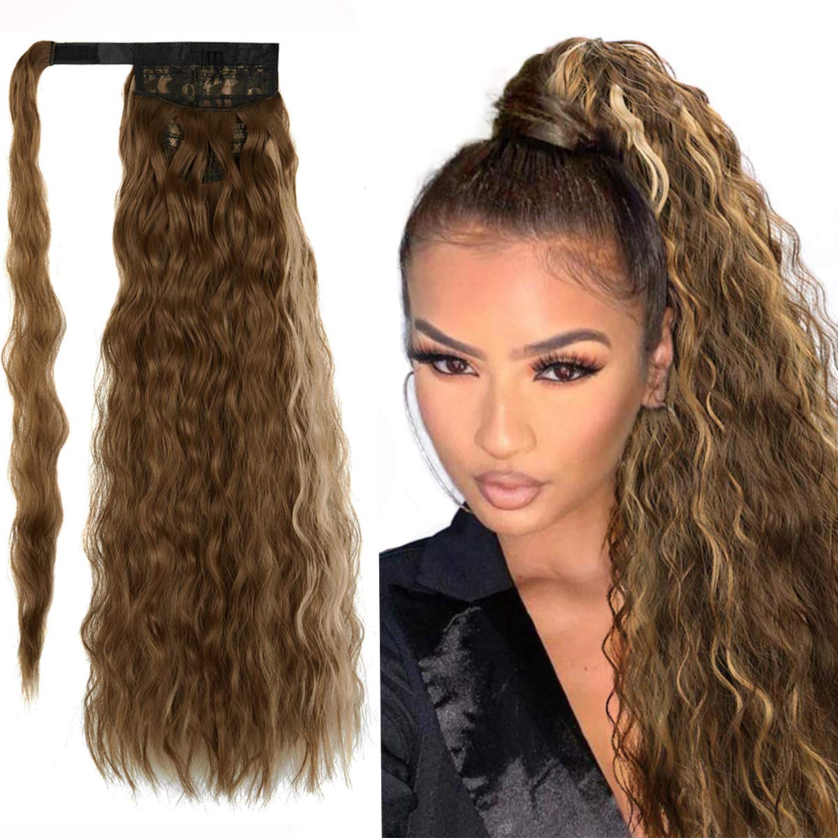 DODOING Kinky Curly Wrap Around Yaki Ponytail Extension Long Wavy Synthetic Hair Extensions Clip in Ponytail for Women Beauty and Fashion