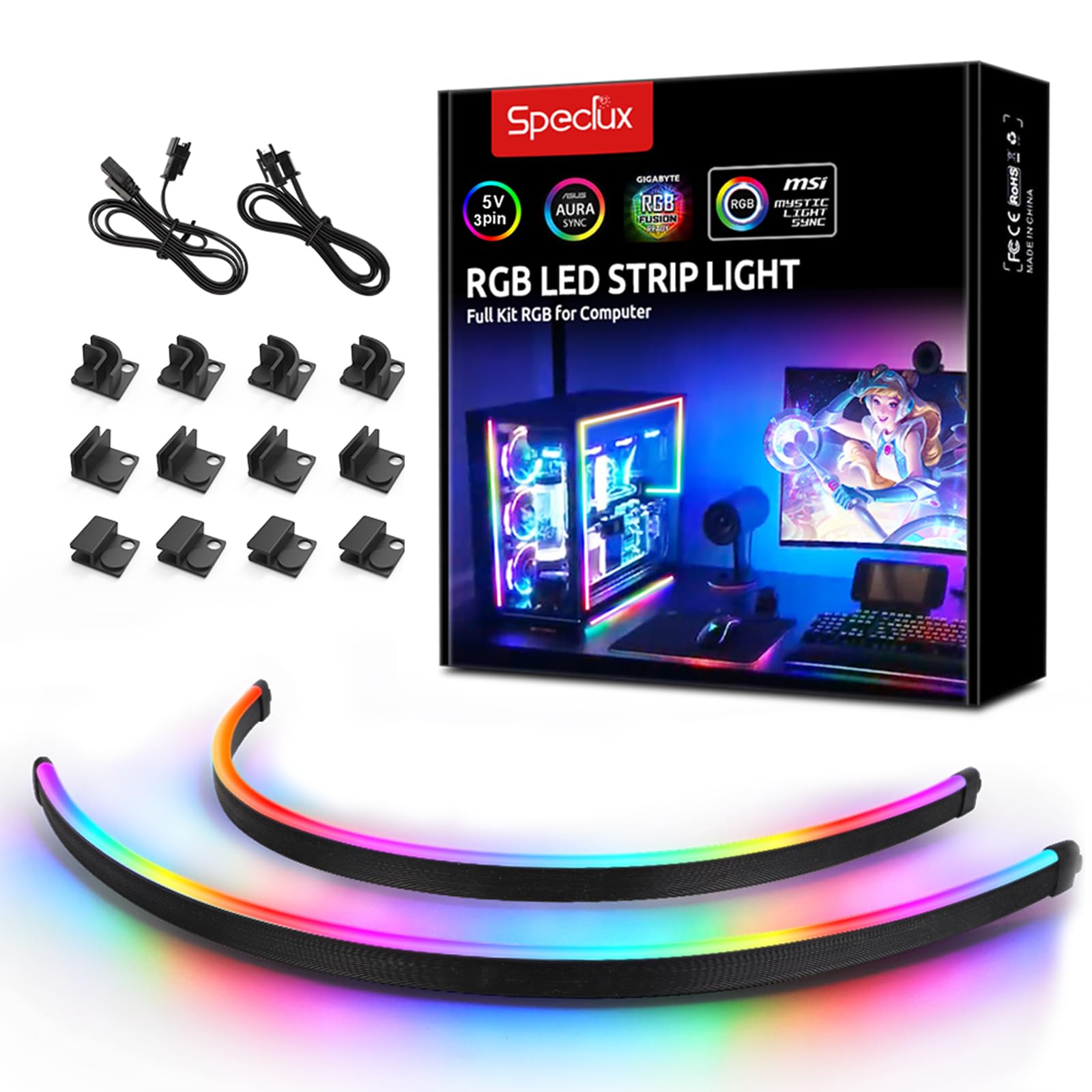 Photo 1 of Speclux NEON Addressable RGB PC LED Strip, 2x15.7inch WS2812 RGB Rainbow Magnetic ARGB Strip for 5V 3-pin Aura SYNC, Gigabyte RGB Fusion, MSI Mystic Light Sync, with 12pcs Strong Magnetic Brackets